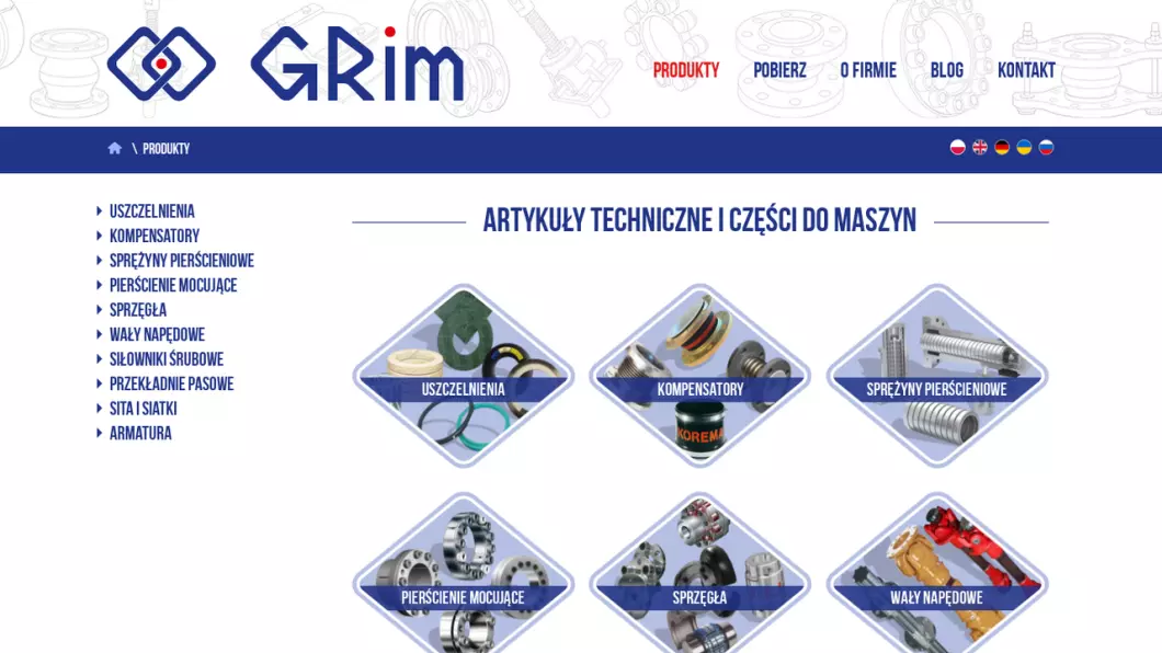 Zrzut ekranu strony Grim - artykuły techniczne do maszyn