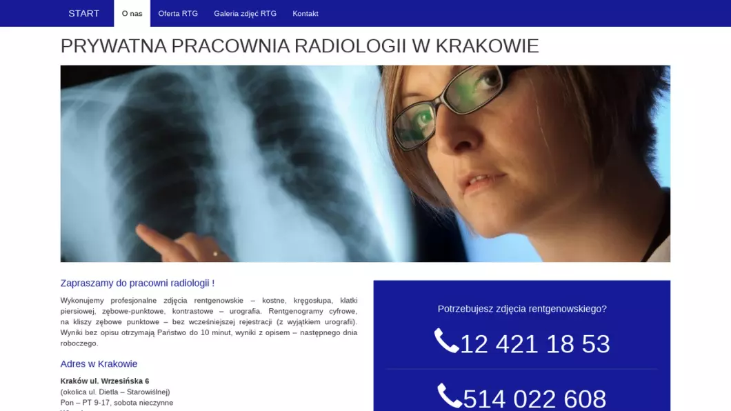 Zrzut ekranu strony Prywatna Pracownia Radiologii - RTG Kraków