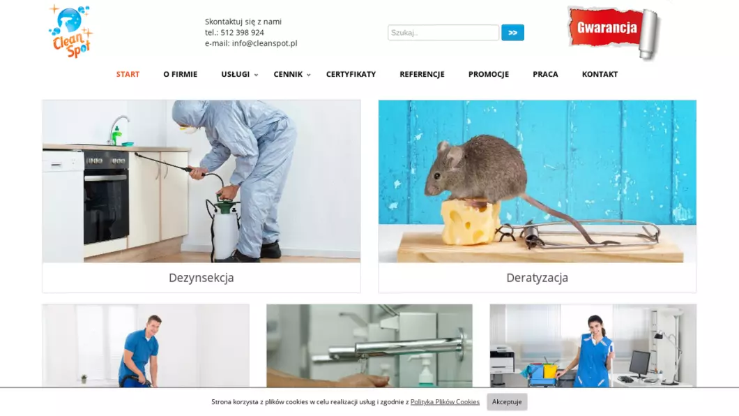 Zrzut ekranu strony CleanSpot | Usługi deratyzacji, dezynsekcji, dezodoryzacji, sprzątania i prania wykładzin