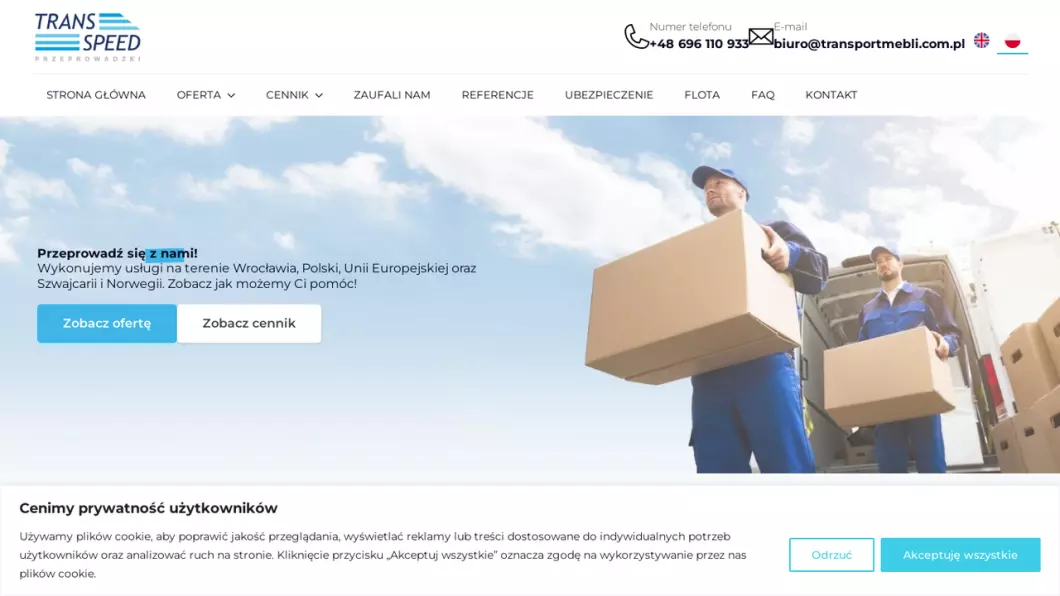 Zrzut ekranu strony Firma przeprowadzkowa Wrocław - usługi transportowe TransSpeed