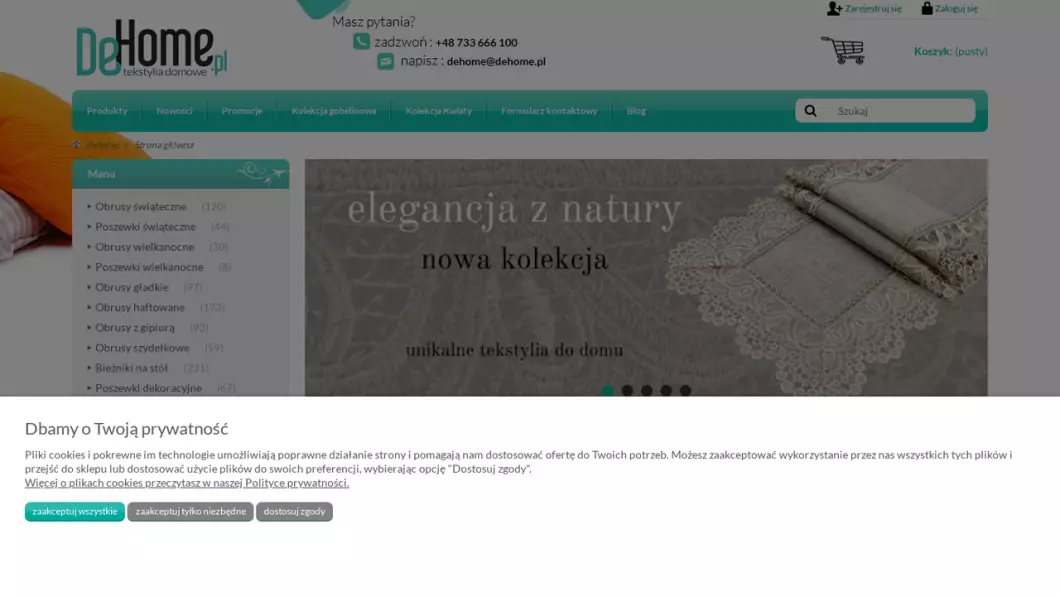 Zrzut ekranu strony Tekstylia domowe DeHome